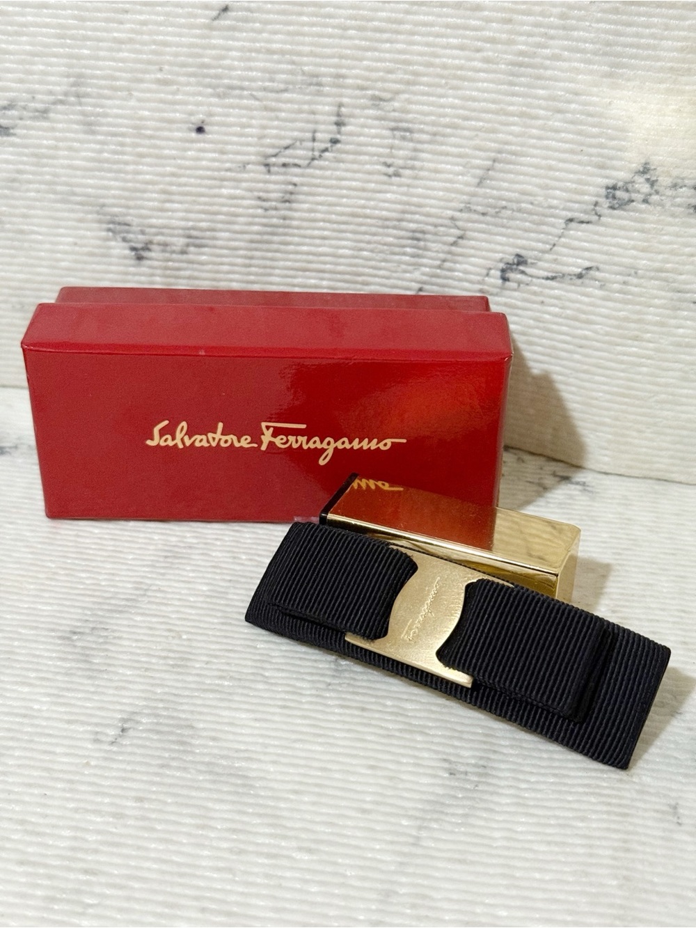 Salvatore Ferragamo Black Grosgrain Bow Hair Clip with Gold Plaque - Picture 6 of 11